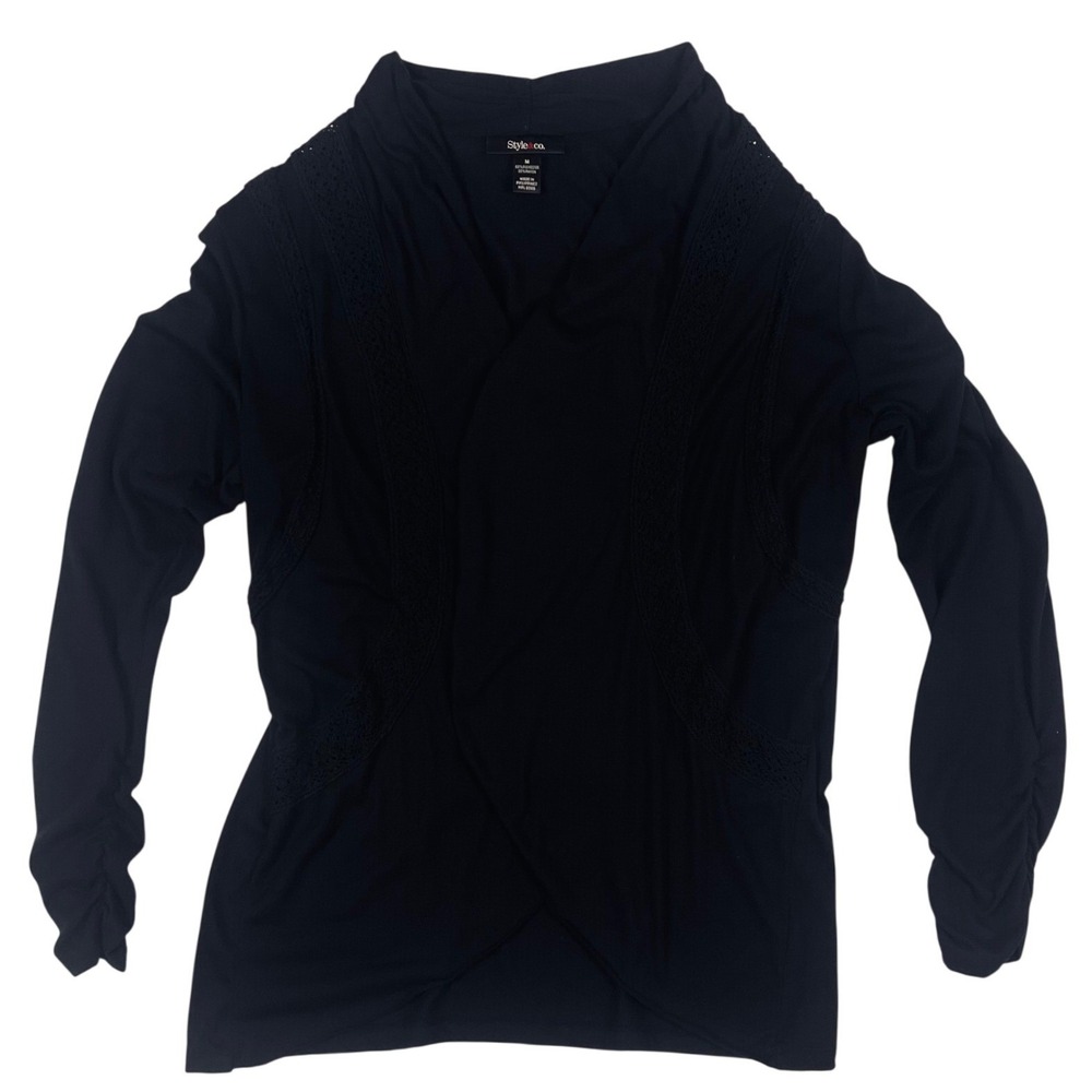 Style & Co Womens Black Open Front Cardigan Lace Trim Ruched Sleeve Size Medium